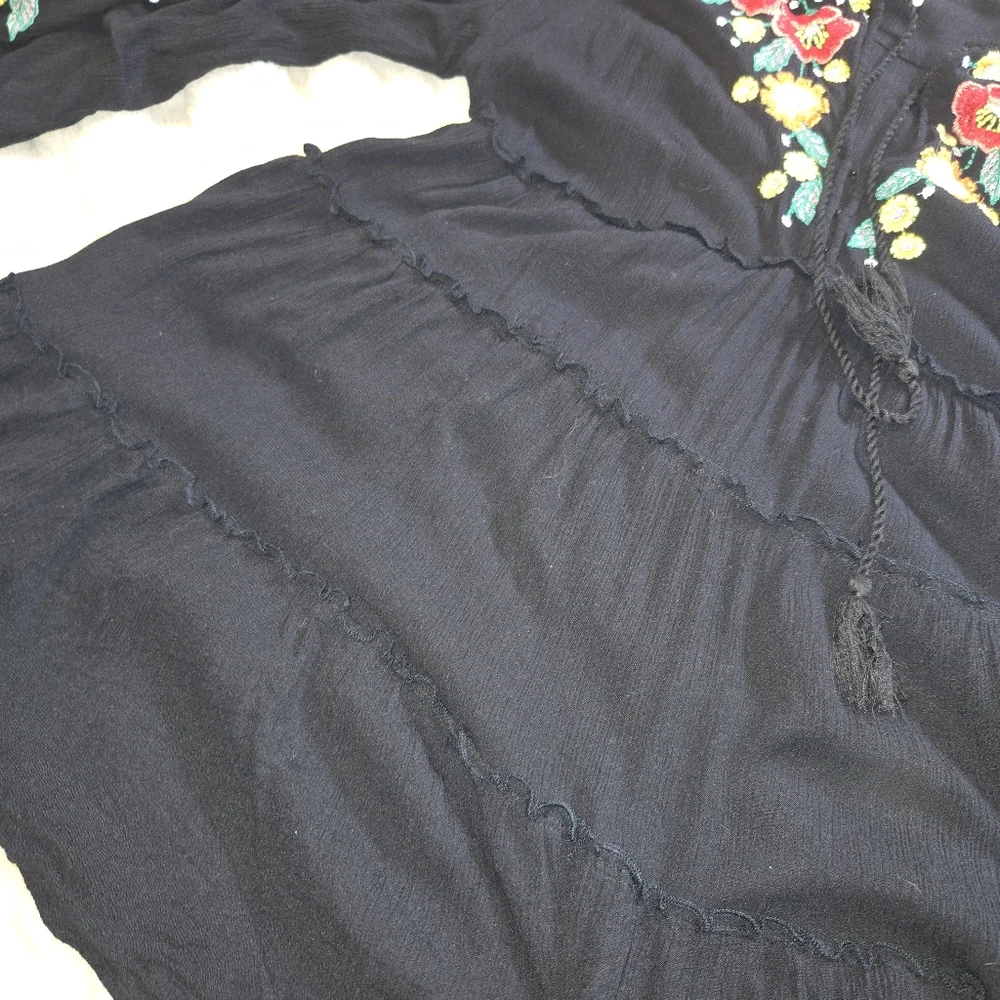 Free People Black Embroidered Balloon Sleeve Boho Oversized Tiered Dress [XS]